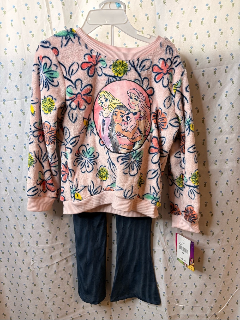 Disney Pink Floral Plush Sweater Set with Princess Patch